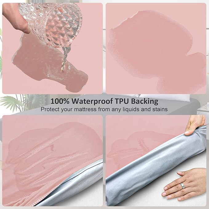 Waterproof Mattress Protector King, Fitted Sheet Style Breathable Mattress Cover with Deep Pocket Fits Up to 18'', Noiseless Bed Cover for Kids Adults Pets, Machine Washable (Pink, 76'' X 80'')