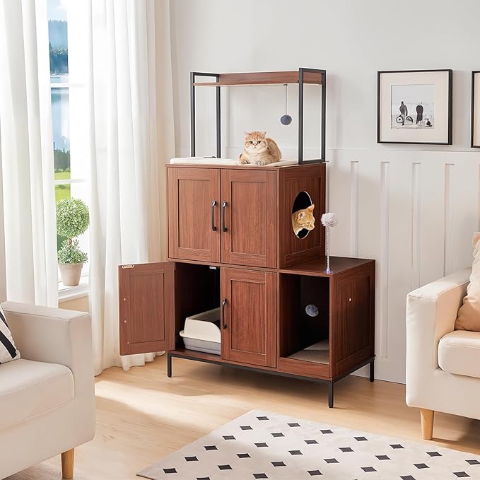 HOOBRO Litter Box Enclosure, Litter Box Furniture with Storage, 2-in-1 Hidden Cat Furniture with Shelf, 2 Dangling Plush Balls and 1 Toy Ball, Large Wooden Cat Washroom, Walnut WL78MW01