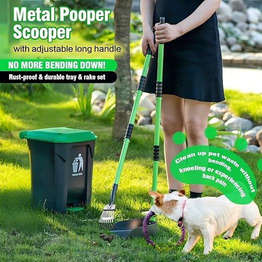 MXF Pooper Scooper Set - 28" Dog Pooper Scooper & Long Handle Stainless Metal Tray&Rake, 15 Litre Step Dog Poop Trash Can w/Removable Inner Bucket, 20 Waste Bags for Outdoors