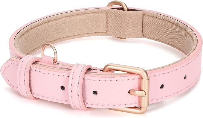 WHIPPY Leather Dog Collar for Small Medium Large Dog Adjustable Soft Breathable Leather Padded Puppy Collar with Alloy Buckle Heavy Duty Waterproof Classic Dog Pet Collar,Pink,S