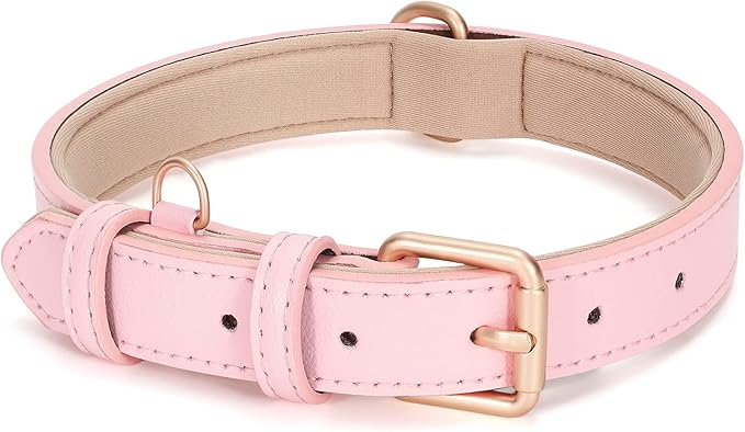 WHIPPY Leather Dog Collar for Small Dog Adjustable Soft Breathable Leather Padded Puppy Collar with Alloy Buckle Heavy Duty Waterproof Classic Dog Pet Collar,Pink,XS