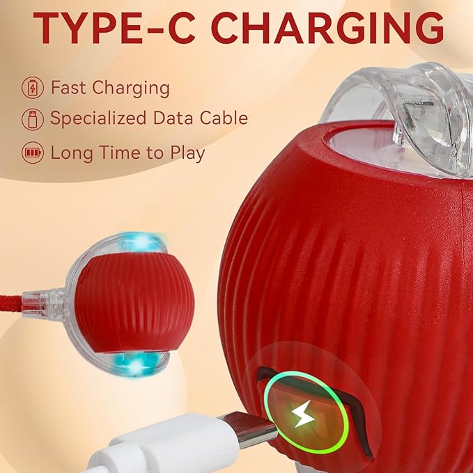 Interactive Electric Automatic Rolling Moving Rechargeable Self Play Stimulation Toy,Smart Pet Chase Ball with Speedy Tail Rope for Bored Indoor Cats Enrichment,stimulating Dogs Toy (Red)