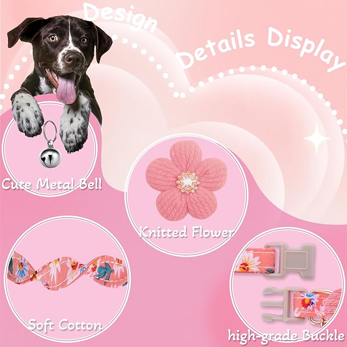Small Dog Collar with Flower, Puppy Collar for Girl Dog Collars for Small Dogs Cute Dog Collar with Bell, Adjustable Length