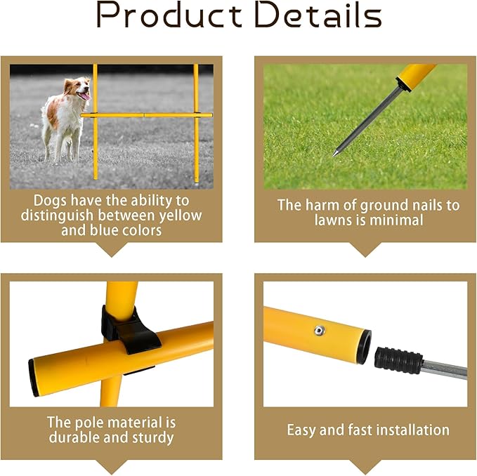 TNZMART 2.6 FT Dog Agility Obstacle Course Backyard Set Wave Poles and Adjustble Hurdles Training Exercise Equipment for Dogs (Pack of 6 Yellow)