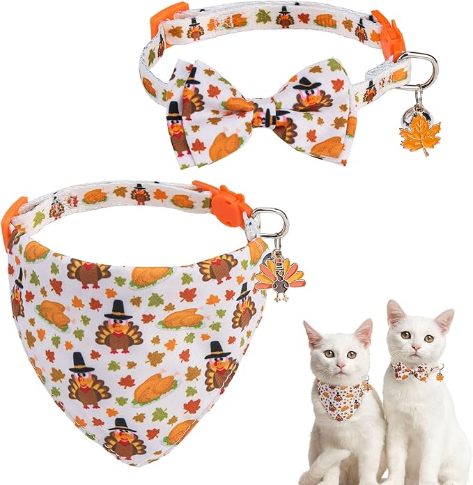 SCENEREAL Fall Thanksgiving Cat Bandana Collar with Bell Bowtie - 2 Pack Breakaway Kitten Collars, Adjustable Cute Pet Accessories for Cats and Small Dogs