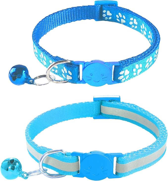 2 Pack Breakaway Cat Collars with Bells, Reflective Design and Claw Print Design, Safety Buckle, Adjustable 7.5-12.5 Inches for Kittens & Cats (Sky Blue)