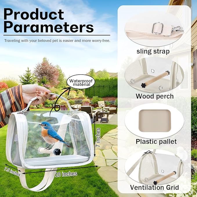 Hands Free Small Pet Cage with Breathable Mesh Windows Parrot Backpack for Vet Visit Shopping Hiking, Clear View Portable Bird Travel Carrier with Easy Clean Removable Tray and Perch
