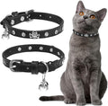 EXPAWLORER Cat Collar for Girl Boy Cats- Adjustable Leather Pet Collar with Safety Elastic Belt,Personalized Punk Accessories Buckle Collars with Bell & Durable D-Ring,White Diamond Skull