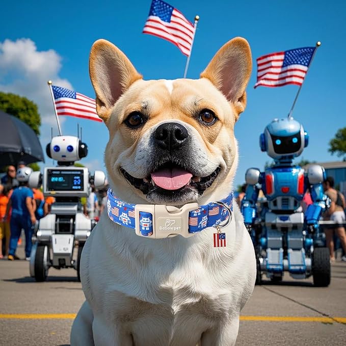 4th of July Dog Collar, Robot Star-Spangled Patriotic Dog Collars for Large Dogs, Adjustable Lightweight Quick-Release Buckle Collar for Boy&Girl Dogs L