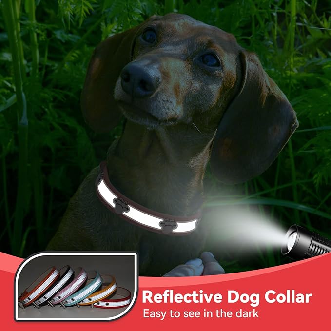 PETCARE Reflective Dog Collar with Cute Paw Rivet Studded Funny Soft PU Leather Adjustable Puppy Dog Collars for Small Medium Large Dogs Cats (Red,Small)