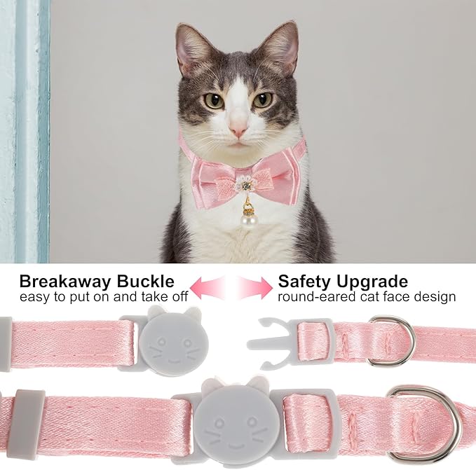 Cat Collar Breakaway, Cat Collar with Pearl Pendant Quick Release Safe Buckle Pink Bowtie Adjustable Baby Kitten Collars Cute Cat Collar for Girl Cat (Style1)