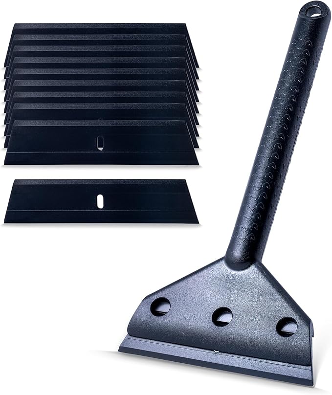 FOSHIO Long Handle Plastic Razor Blade Scraper - 10PCS Plastic Blades for Sticker, Label, Decal, Gasket, Residue Removal & Cleaning