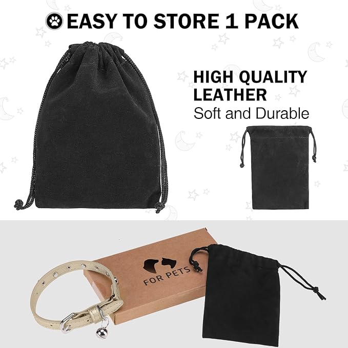 Leather Cat Collars for Boy Girl Cats with Bell and Safety Elastic Belt, Personalized Star and Moon Stud Adjustable Safe Buckle Collar for Kitty Small Big Cats Size 8-12 Inch, Gold