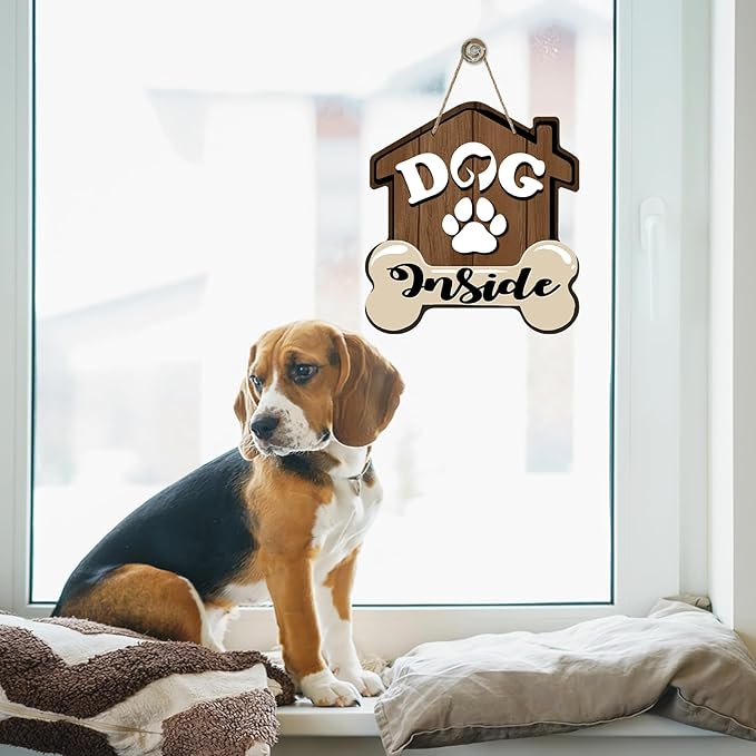 Dog Inside Front Door Sign, Doghouse Bone Paw Prints Wood Door Hanger Outdoor Outside Porch Decor, Farmhouse Wooden Wreath Indoor Wall Hanging Decoration Pet Owner Lover Gift