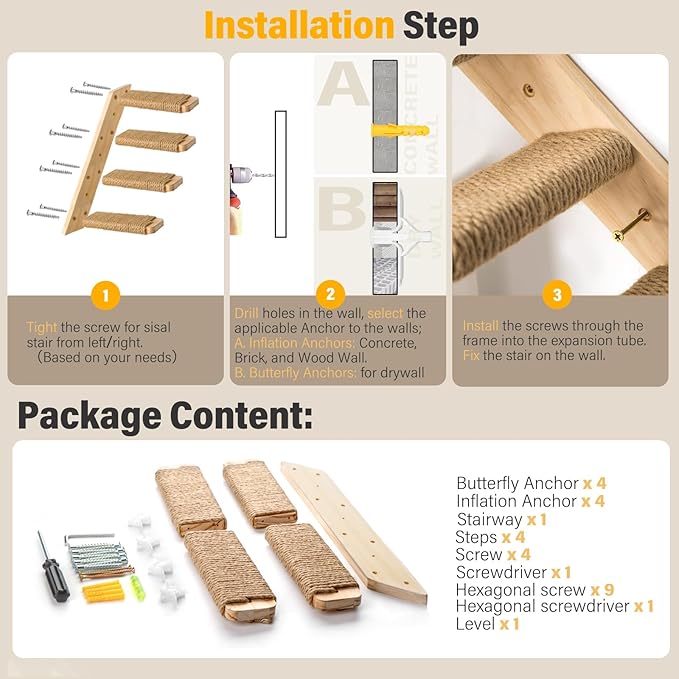 4 Steps Cat Wall Shelves Cat Wall Stairs (Brownish White, 1 Pack 4 Steps, 1)
