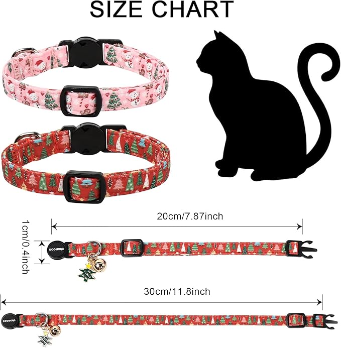 2 Pack Christmas Cat Collars Breakaway with Bell, DOGWONG Safety Buckle Christmas Snowman Cute Cat Collar for Girl Boy Cats，Adjustable 7-12 Inch