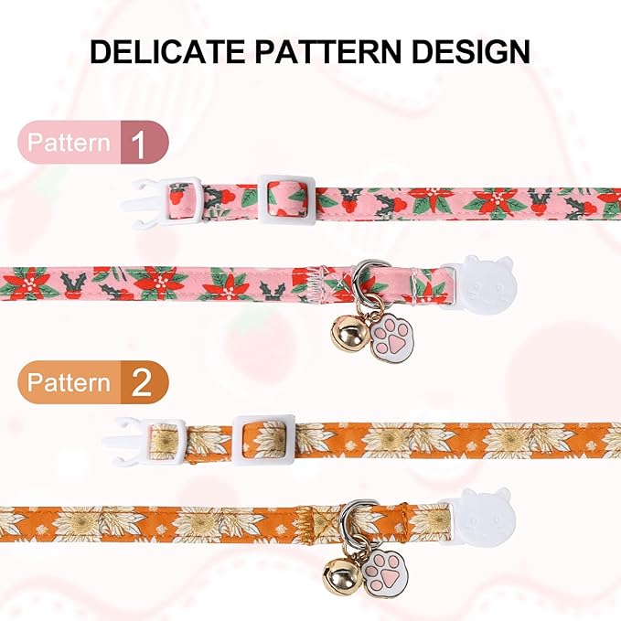 Unique Style Paws Christmas Kitten Collar,2 Pack Cat Collar for Girl Cats with Flower Pattern,Breakaway Cat Collar with Bell,Cute Paw Pendant,Ideal Gift for Boy Girl Cats