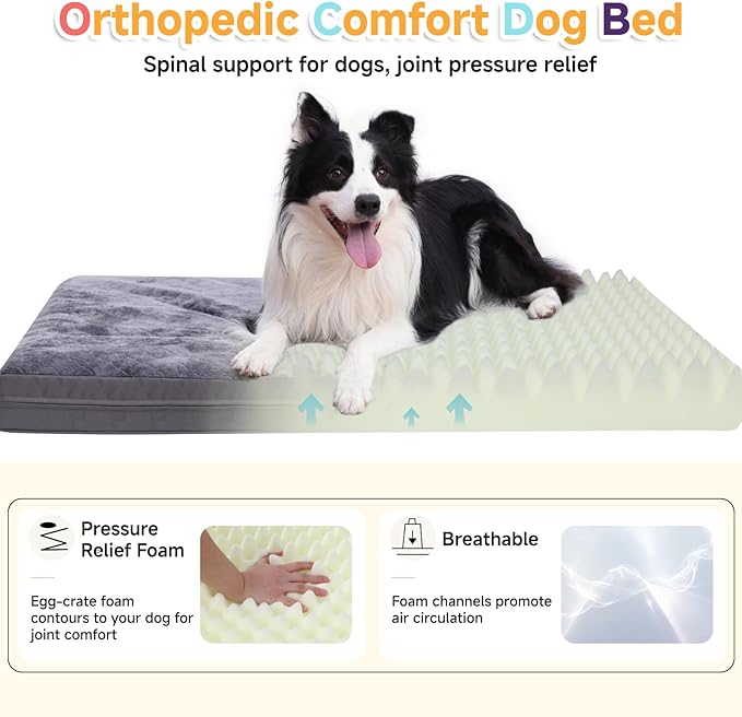 Waterproof Dog Bed for Crate - Outdoor Crate Pad for Medium Dogs, Orthopedic Egg Crate Foam, Anti-Slip, Reversible & Washable Cover, 35" x 22", Gray