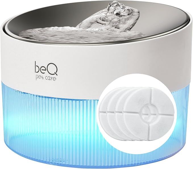 beQ Cat Water Fountain, 84oz/2.5L Stainless Steel Automatic Pet Fountain Dog Water Dispenser with 4pcs Replacement Filters for Cats, Dogs, Multiple Pets Drinking Bowl, Indoor Ultra-Quiet Smart Pump