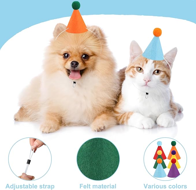 12 PCS Mini Party Hats for Stuffed Animals Birthday Felt Cone Hat with Pompom Adjustable Pets Birthday Party Hats for Assorted Animal Dog Cat Rabbit Puppies Costume Accessories Decor