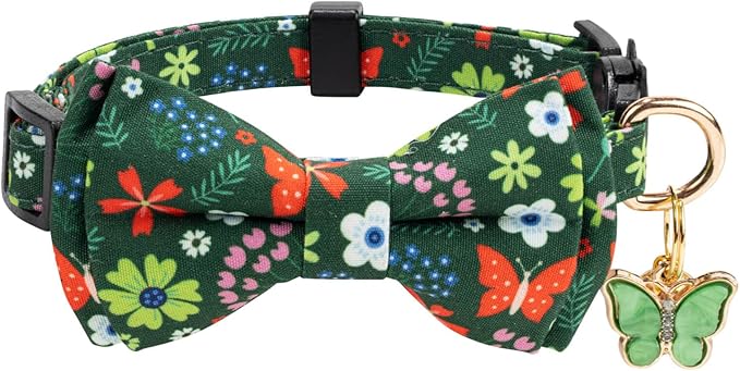 2 Pack Cotton Cat Collar with Bow Tie and Bell for Male Female Cats,Soft Fancy Breakaway Kitty Kitten Collar with Ghost& Pumpkin Patterned Design for Boy Girl Cats. (Butterfly&Flower)