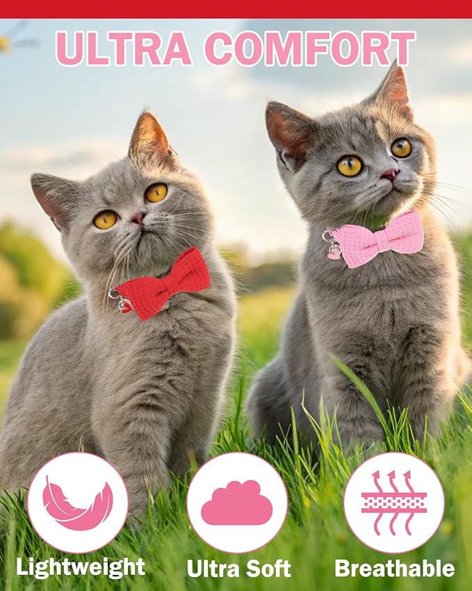 Cat Collar Breakaway with Bells, Soft Cotton Pink Cat Bowtie Collar for Girl Cats, Small Cats Collar with Bow for Spring Summer, 2 Pack Cute Kitten Collars with Removable Bowtie 8-12Inch