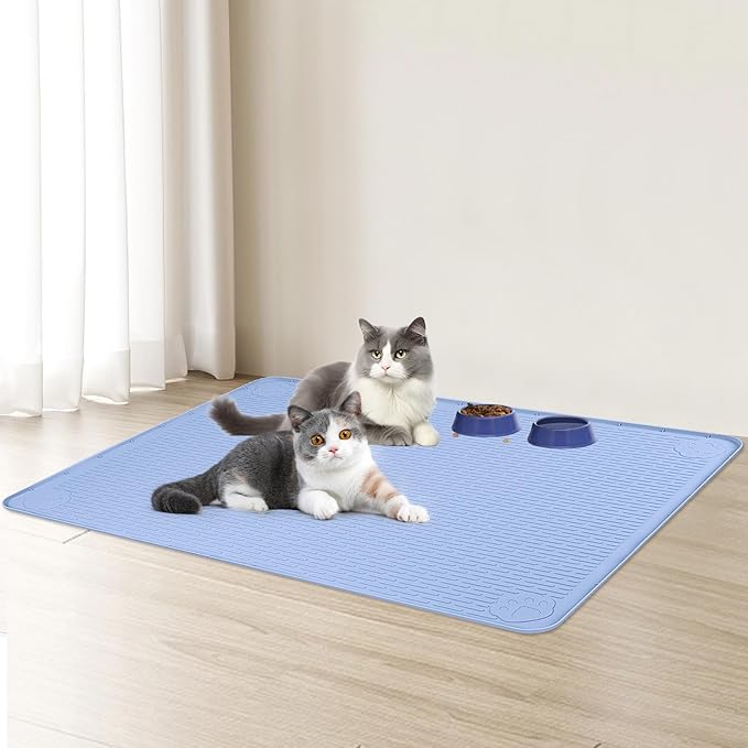 Cat Food Mat, 34" x 22" Large Silicone Pet Feeding Mat for Food and Water Bowls Non-Slip, Easy to Clean (Blue)