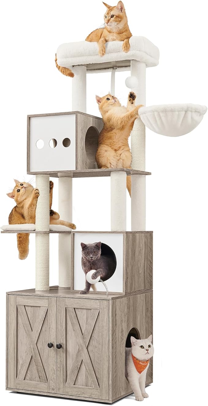 Feandrea Cat Tree with Litter Box Enclosure, 70.1-Inch Tall Cat Tower, 2-in-1 Modern Condo with Scratching Posts, Perch, Caves, Basket, Washable Cushion, Heather Greige UPCT116G01