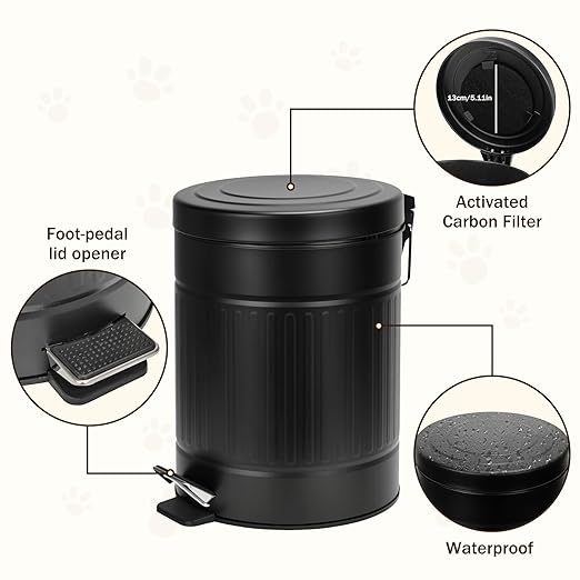 5L/1.3 Gal Dog Poop Trash Can with Lid - Stainless Steel Outdoor Pet Waste Bin, Step Pedal Soft Close Garbage Can for Backyard, Bathroom, Office - Odor Control, Farmhouse Retro Style (Black)