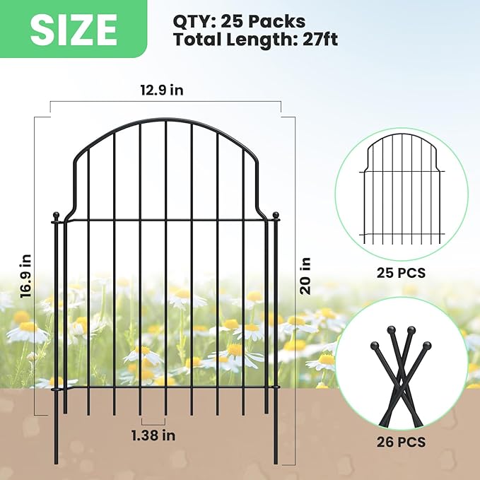 25Pcs Decorative Garden Fence, 20in(H)/27ft(L) Rustproof Metal Fences Animal Barrier Outdoor for Yard, Flower Bed Edging Ornamental Border Panel for Dogs, Rabbits, Dig Defence, Garden Decor, Patio