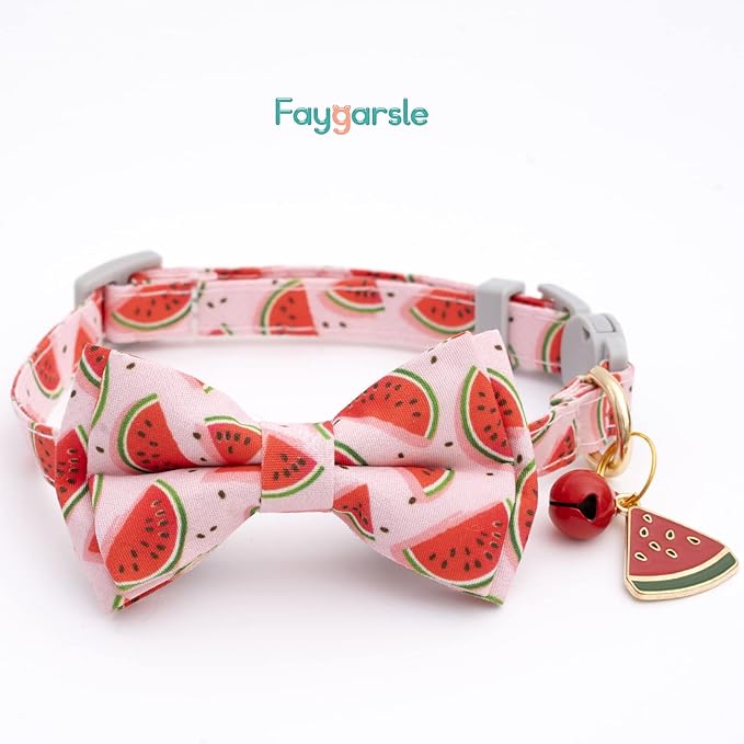 Faygarsle 2 Pack Cute Cat Collar with Bell Breakaway Bowtie for Male Female Cats Soft Fancy Pink Yellow Watermelon Lemon Pattern Spring Summer Cat Collar for Boy Girl Cats