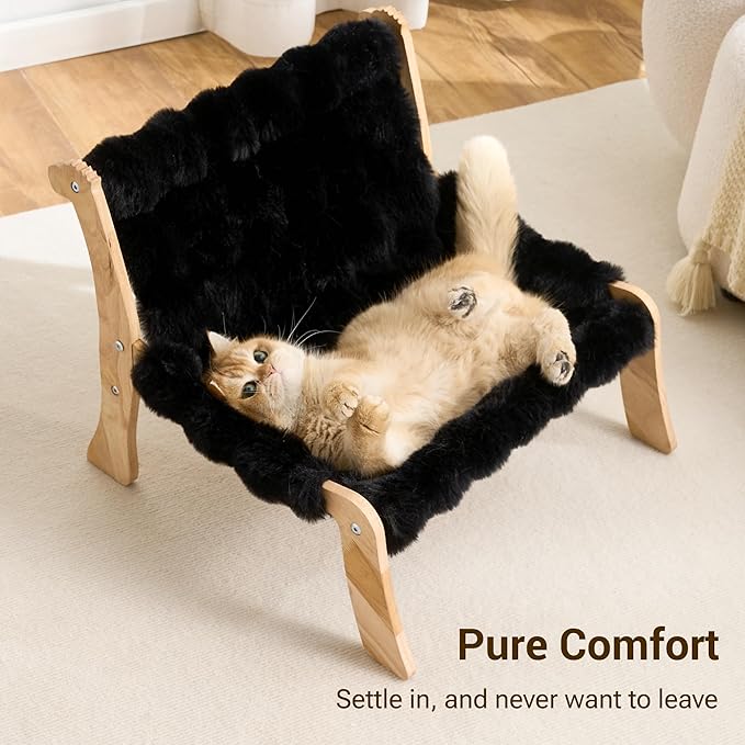 Solid Wood Cat Couch Bed for Indoor Cats, Modern Cat Sofa with Ultra-Soft Plush Surface Washable, Reclined Backrest, Elevated Elevated Cat Lounge Furniture for Small to Adult Pets, Sheen Black