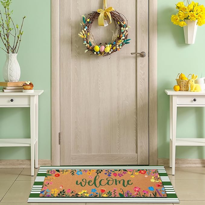 Tinideya 2 Pcs Door Mat Welcome Non Slip Coir Mats Floor Layering Doormats Seasonal for Front Porch Entryway Decor(16.14 x 47.24 Inches,Spring Flowers,Green Brown)