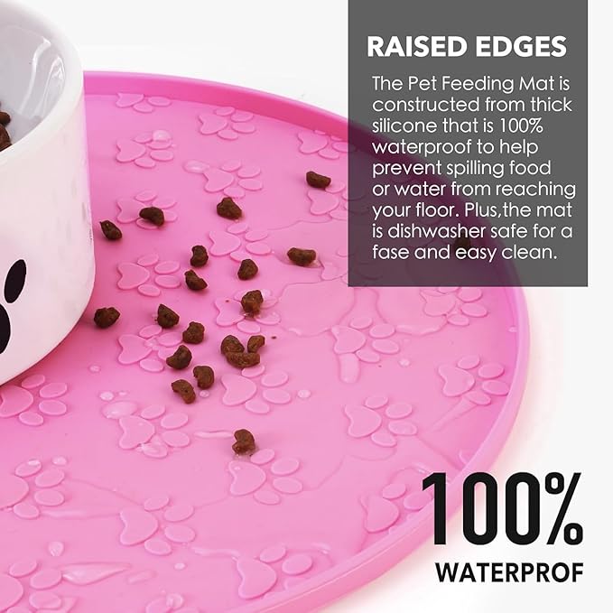 Dog Food Mat - Waterproof Dog Bowl Mat for Food and Water, Pet Food Placements with Edges, Nonslip Cat Feeding Mat for Protecting Floors (1Pack Pink)