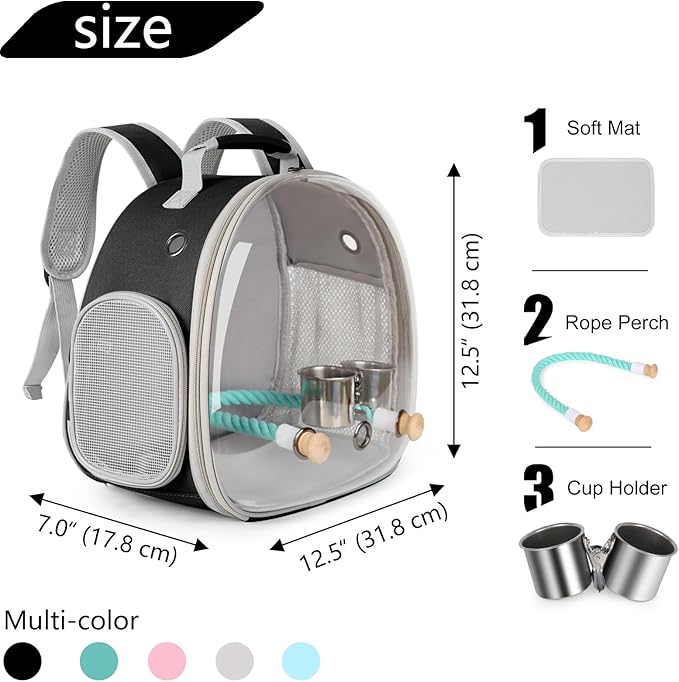 Small Bird Travel Backpack Carrier Cage with Cups, Backpack to Transport Backpack Carrier with Clamp Cups Stand Perch for Parakeet Cockatiel Budgies Vet Carry Book Bag Black