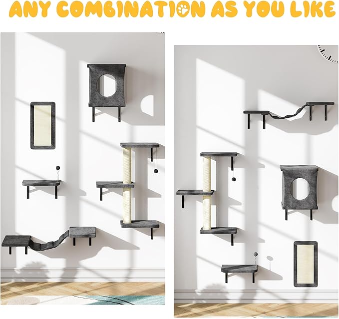 10-in-1 Cat Wall Shelves, Wooden Climbing Wall with Scratching Post, Wall Mounted Cat Furniture for Climbers, Space-Saving Cat Wall for Play & Rest, Drywall & Solid Walls