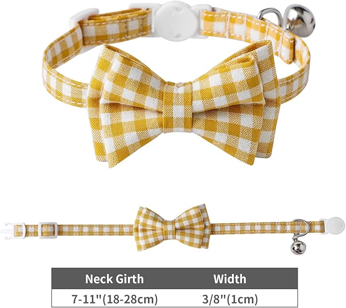 AIITLE Breakaway Cat Collar with Cute Bow Tie and Bell, Detachable Adjustable Safety Collars for Girl Cats and Boy Cats, Kittens, Puppy, Soft Stylish Plaid Patterns Cat Collars,Yellow