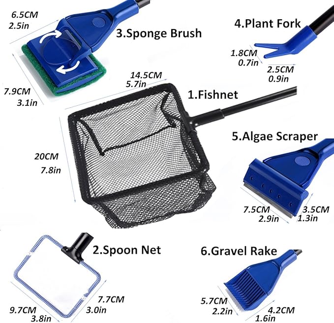 Aquarium Cleaning Tool Set, Fish Tank Cleaning 6-in-1 Set with Nets, Sponge Brush, Plant Fork, Scraper, Rake