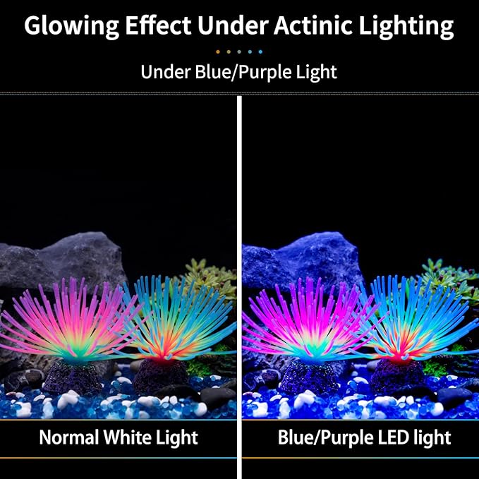 Uniclife Aquarium Imitative Rainbow and Iridescent Blue Sea Urchin Balls Artificial Silicone Ornament Set with Glowing Effect for Fish Tank Landscape Decoration