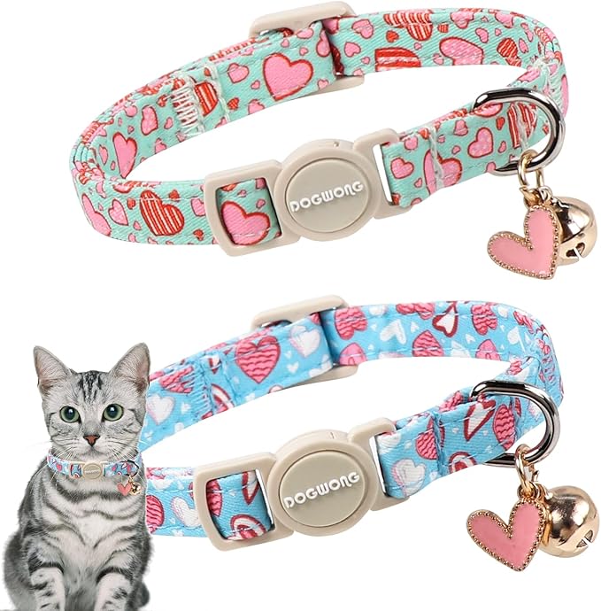 Cat Collar,2 Pack Valentines Day Cat Collar Breakaway,Safety Adjustable Collars with Bell for Kitten，Adjustable 7-12 Inch,Pet Supplies Accessories
