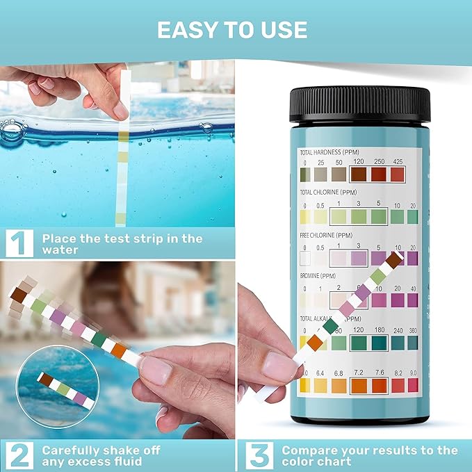 Hot Tub and Pool Test Strips - 6in1 Quick & Accurate Hot Tub, Spa, Pool Test Strips - 100 Water Test Strips, Water Test Kit with E-Book - Test Chlorine, Bromine, pH, Hardness, Alkalinity - JNW Direct