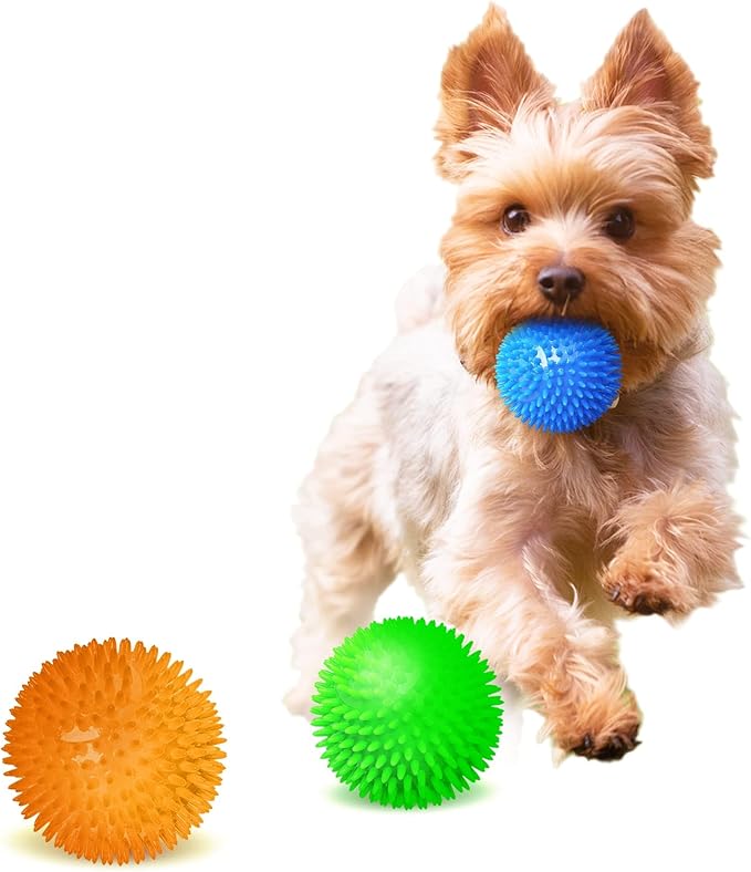 Meric CoCoo 3-Pack Squeaky Dog & Ferret Ball Toys, 2.3", Massage Teeth and Gums, Spikey Cat Rubber Balls, Toss Fetch Squeeky Doggy Balls for Multi-Pet Homes