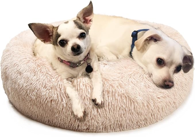 Calming Dog Bed for Medium Dogs Washable Donut 30 inches Anti-Slip Pet Bed,Round Fluffy Plush Faux Fur Cat Bed,Fits up to 45 lbs Pets,Beige