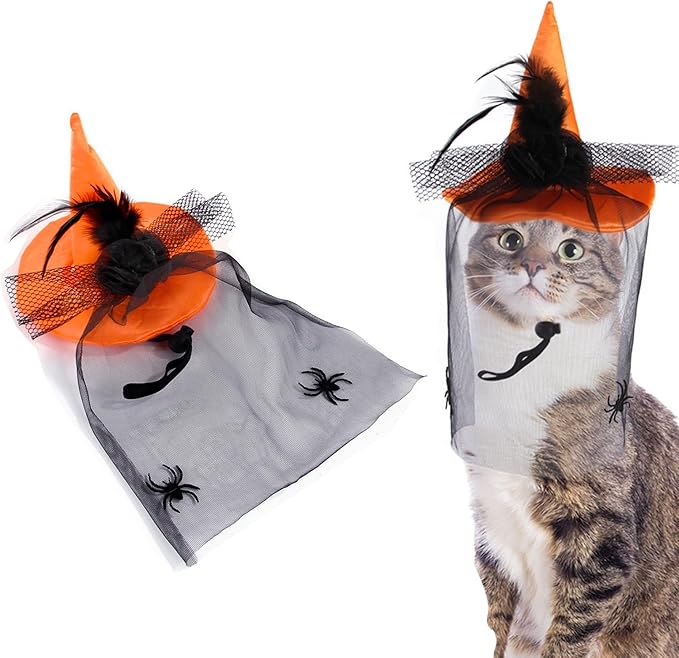 Lionheart Glory Halloween Dog Cat Witch Hat - Bat Gauze Headscarf or Veil Headdress - Funny Adjustable Soft Elegant Pet Headgear - For Halloween Party Accessories