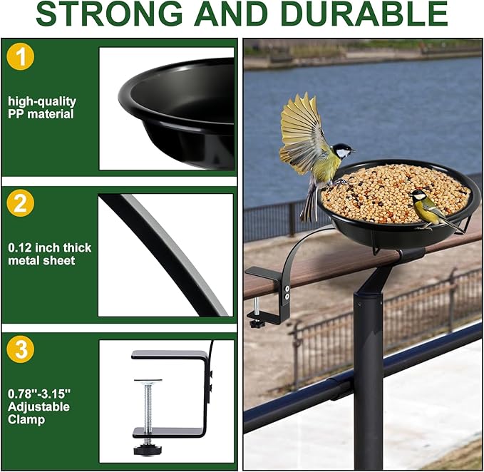 10.6-Inch Bowl Deck Mounted Bird Bath for Outside, Metal Birdbaths for Outdoors, Outdoor Bird Bath with Adjustable Clamp for Railing Balcony Fence, Bird Feeders for Outdoors Garden Decor