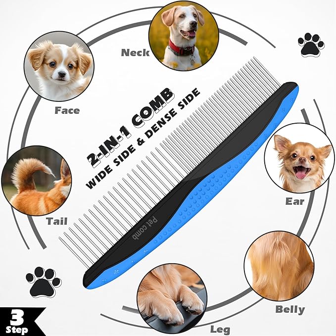 7 in 1 Pet Grooming Kit - Dog&Cat Comb, Deshedding Brush, Nail Clipper with File, Bath Brush - Premium Pet Supplies (Black Blue)