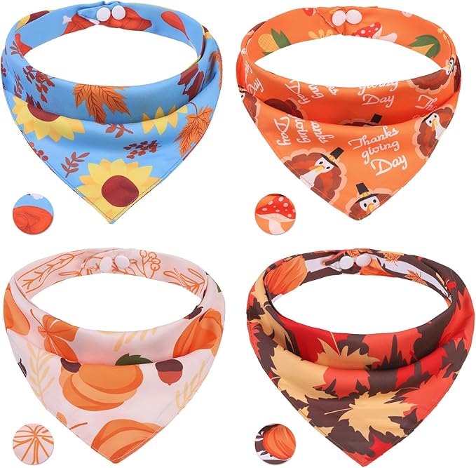 PAWCHIE Thanksgiving Dog Bandanas 4 Pack, Reversible Dogs Triangle Scarf Bibs, Dog Holiday Bandana with Two Adjustable Snaps, Multiple Thanksgiving-Themed Patterns for Dogs Puppy, Cats, Pets