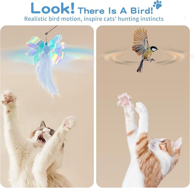 Pawaboo Feather Teaser Cat Toy, Interactive Feather Wand Cats Toy Flying Feathers Cat Catcher with Extra Long 34.5" Wand and Small Bell, Exerciser Playing Toys for Kitten or Cats, Blue Butterfly