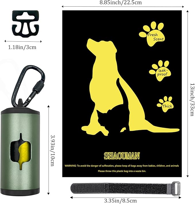 Metal Dog Poop Bag Holder w/Leash Clip|Durable Scratch-Resistant Aluminum|15 Bags+3 Accessories(Drak Green)