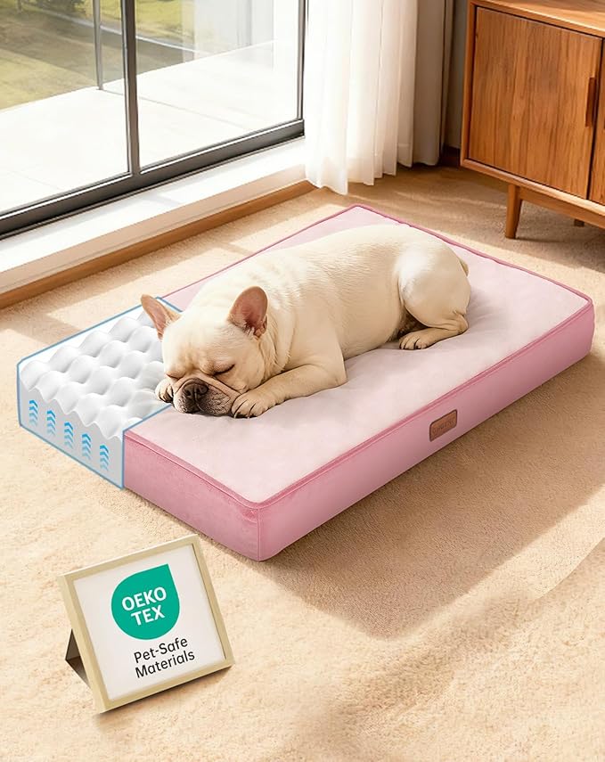 OhGeni Orthopedic Waterproof Dog Bed for Medium Dogs, Machine-Washable Removable Cover in Easy-Clean Fabric, High Density Foam & Easy-Carry Handle, Suitable for Crate, 30 inch (Pink)